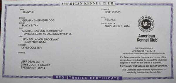 Janny Smithfarms German Shepherds Female Breeder Certification 1